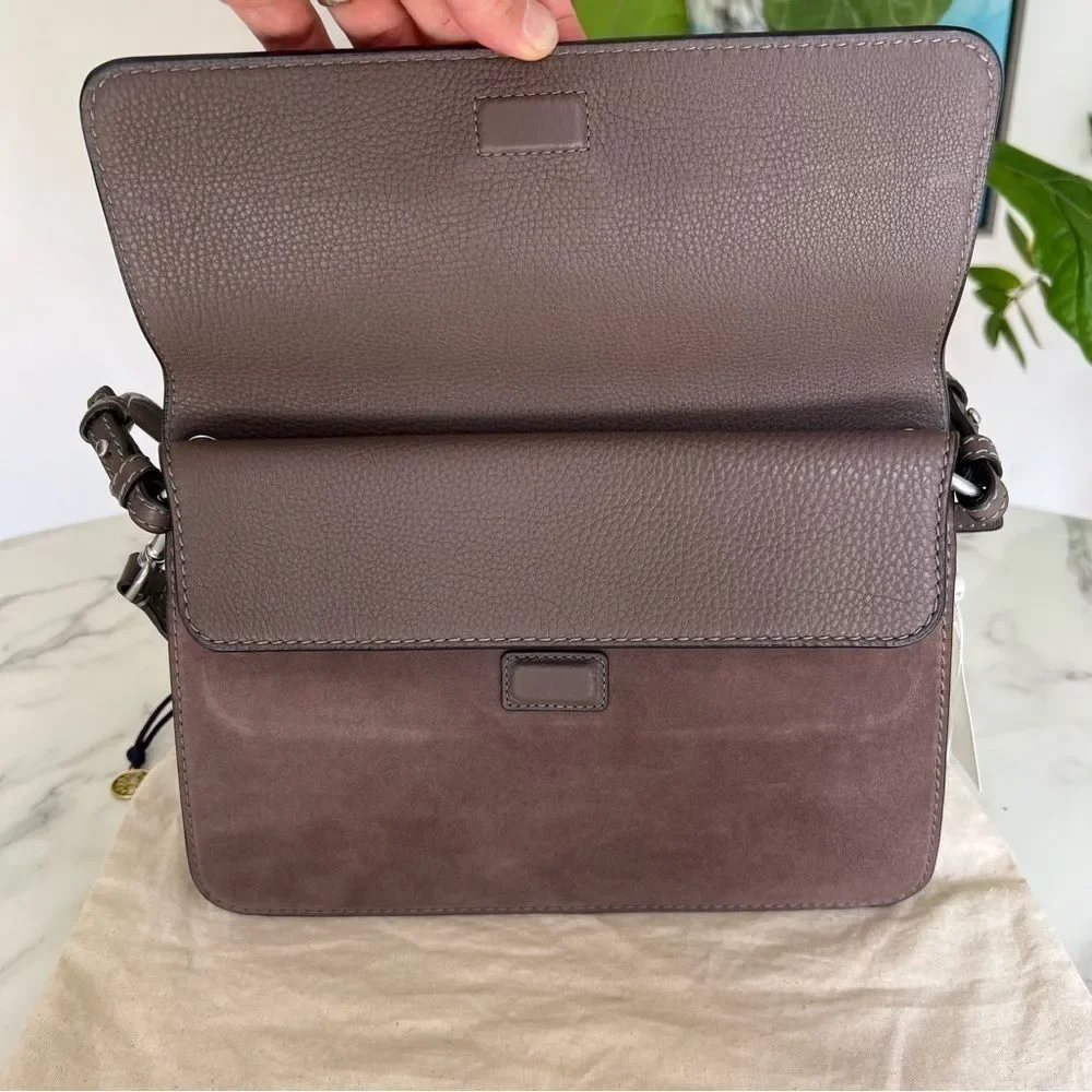 NWT Tory Burch McGraw Shoulder Crossbody Bag Mixed Leather Suede Silver Maple